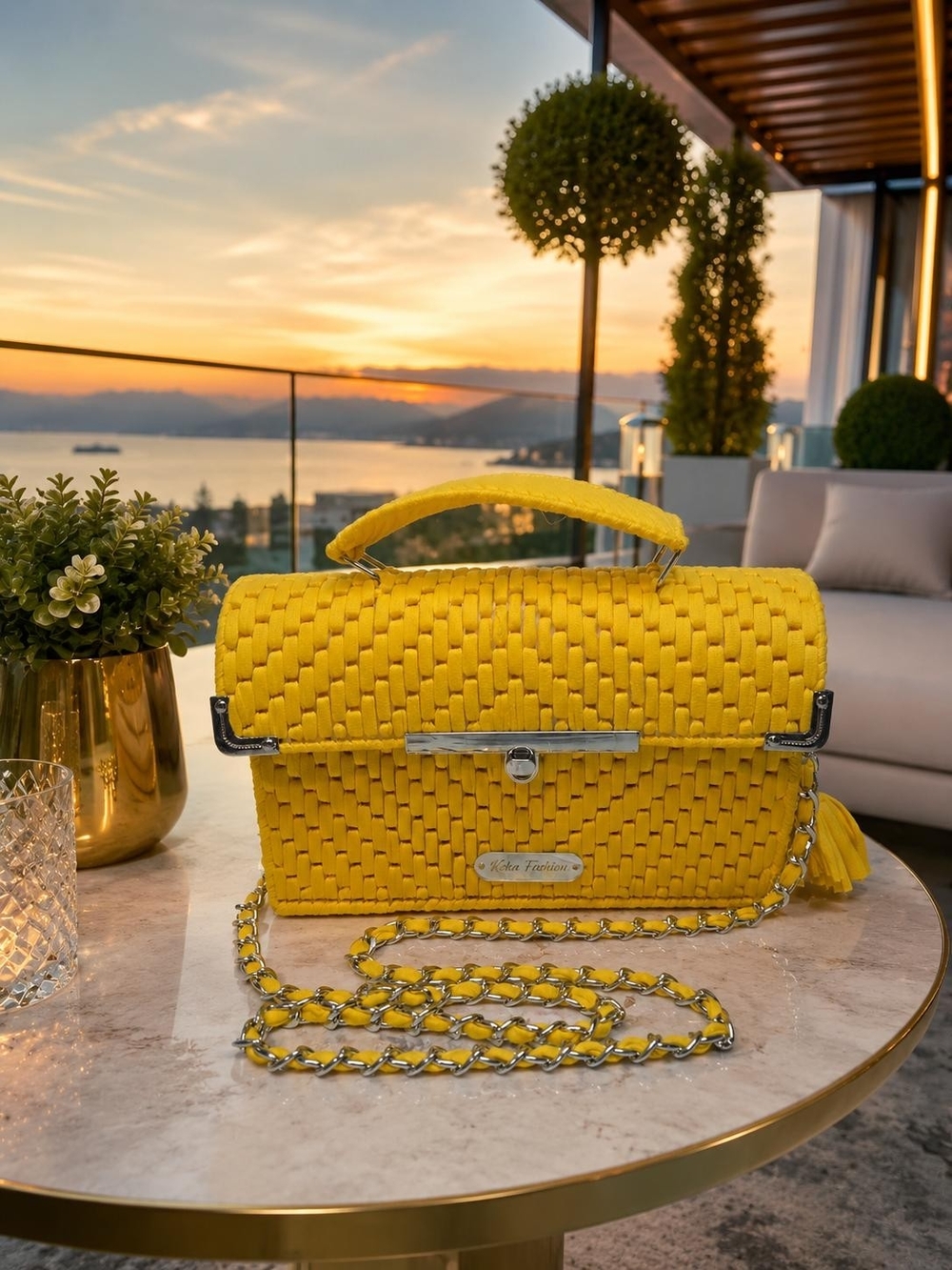 Yellow Woven Top-Handle Crossbody Bag